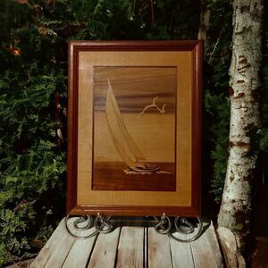 JEFF NELSON Hudson River Inlay Wood Picture Marquetry Sail Boat Nautical Coastal